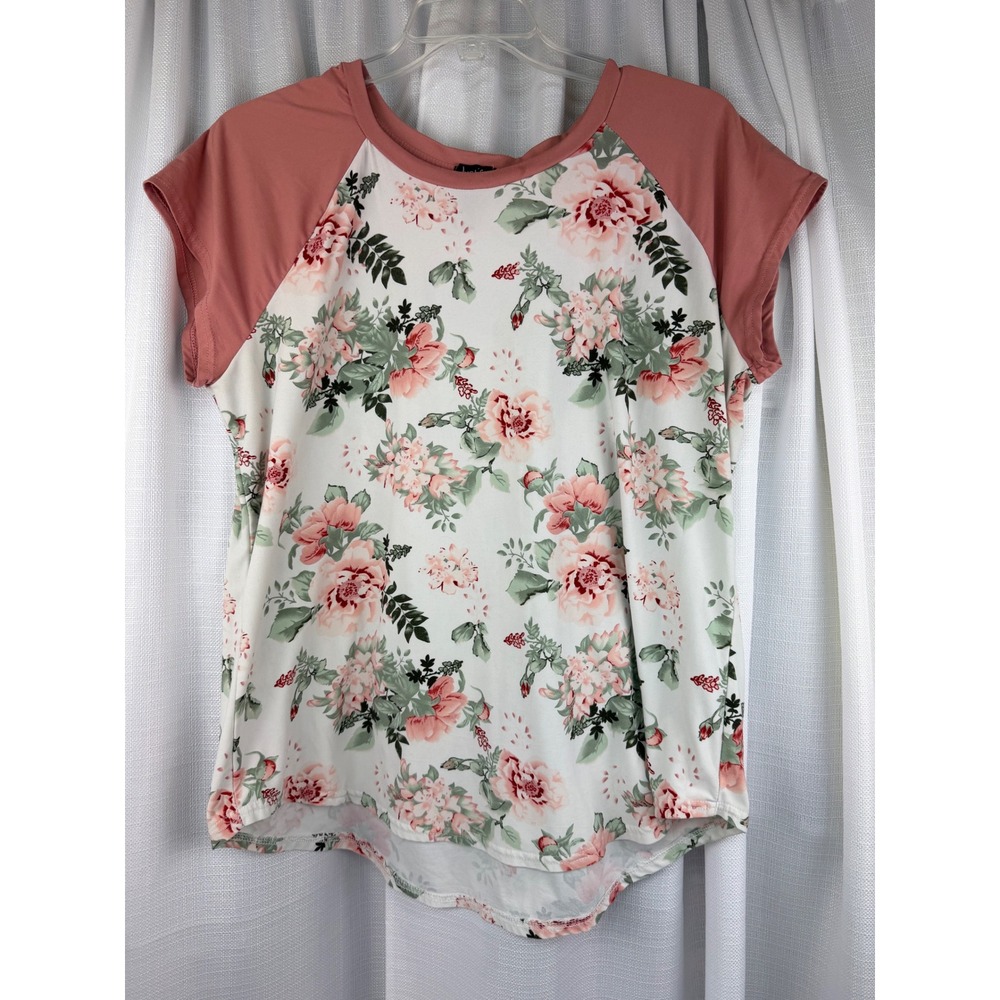 Justify Womens Floral Raglan Short Sleeve Top Pink Cream Plus Size 1X
